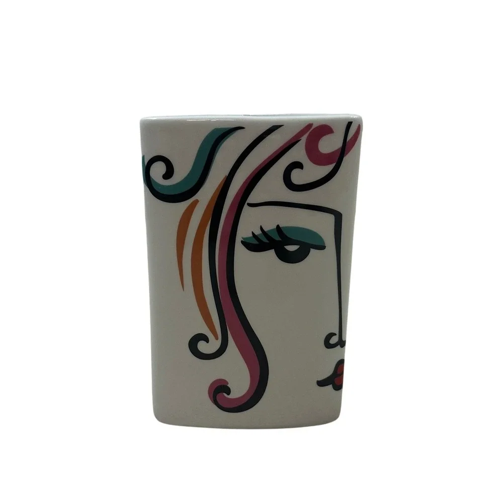 Vintage Style Abstract Face Ceramic‎ Vase Triangular Pop Art Modern White 6.5in